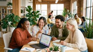 Four colleagues collaborate around a laptop in a bright shared workspace.