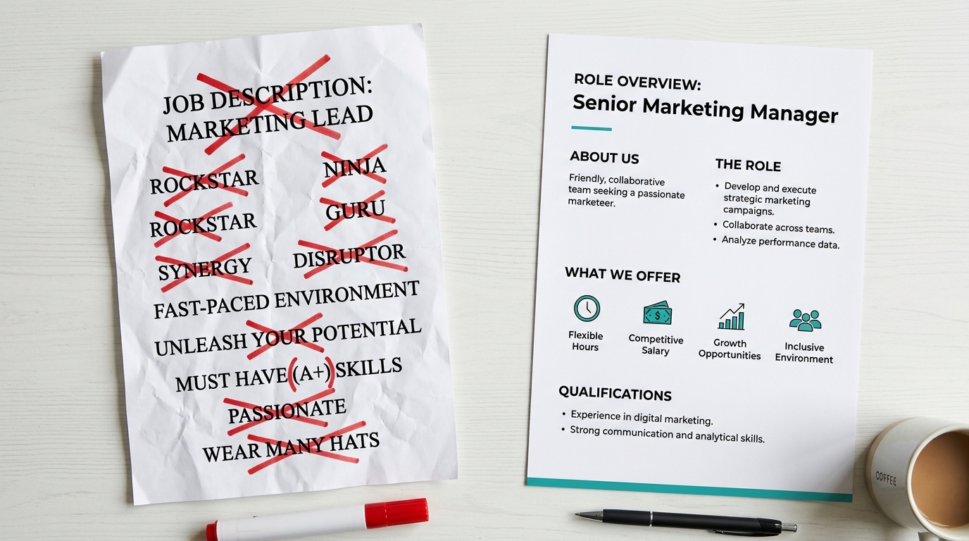 A comparison replaces vague job-description buzzwords with a clear role overview, responsibilities, benefits, and qualifications.