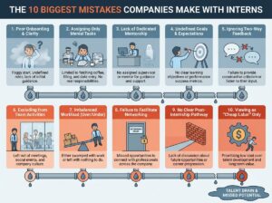 Ten internship program mistakes: poor onboarding, menial tasks, missing mentorship, unclear goals, weak feedback, exclusion, workload imbalance, limited networking, unclear pathways, and treating interns as cheap labor.