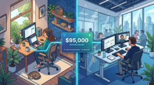 Illustration comparing home and office work with an example panel showing a $95,000 annual salary, remote or hybrid work, and benefits.