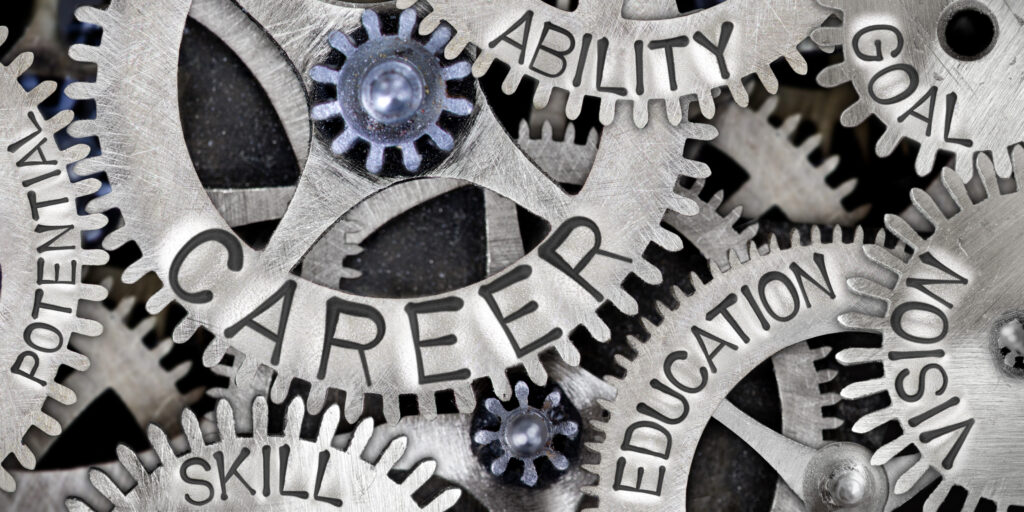 Interlocking gears labeled career, education, ability, vision, skill, goal, and potential.